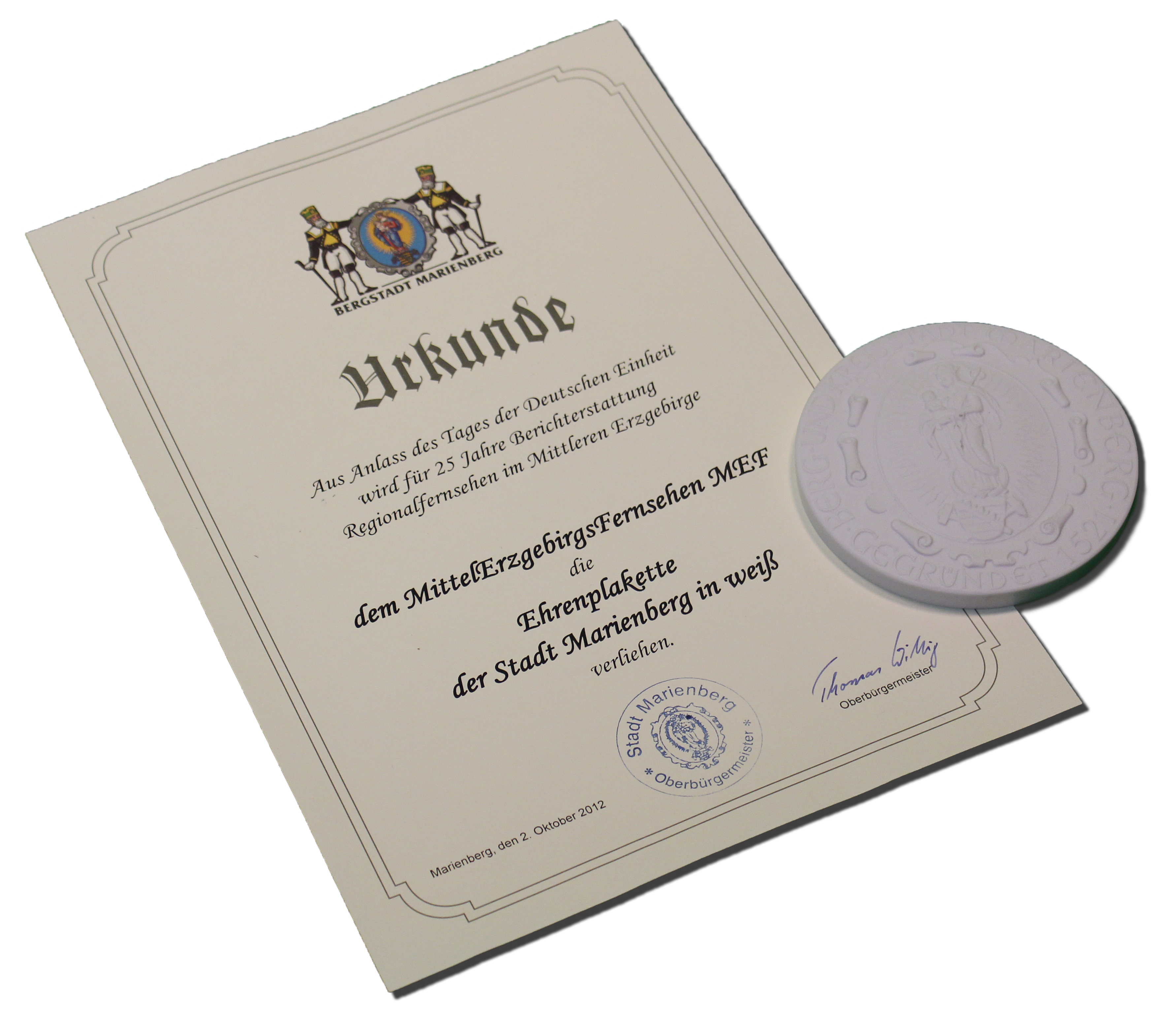 Ehrenplakette der Stadt Marienberg in weiß